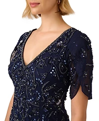 Adrianna Papell Women's Beaded Petal-Sleeve Mermaid Gown