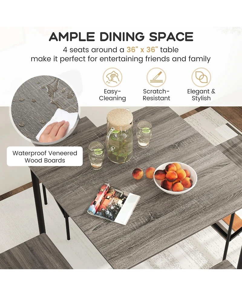 5-Piece Industrial Dining Table Set with Counter Height and 4 Bar Stools-Walnut