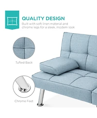Best Choice Products Modern Linen Convertible Futon Sofa Bed w/ Removable Armrests, Metal Legs, Cupholders