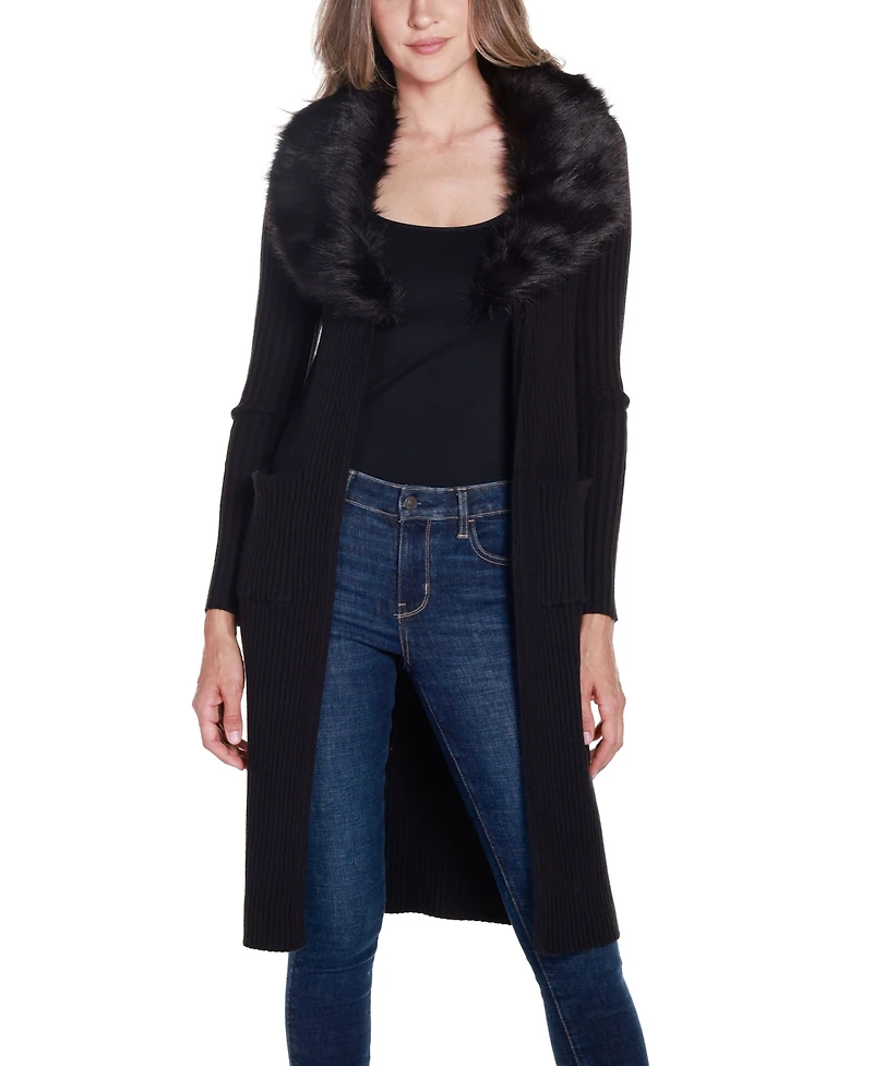 Belldini Women's Black Label Ribbed Collar Duster Cardigan Sweater