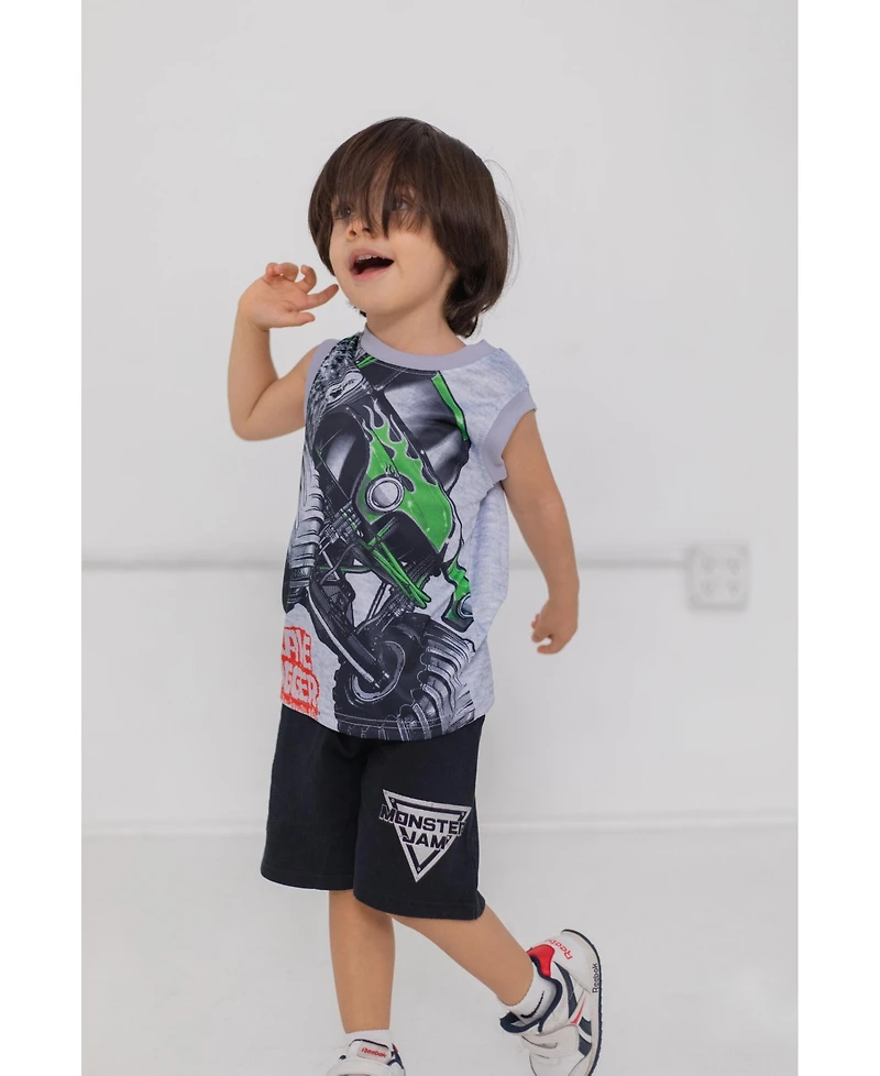 Monster Jam Toddler Boys Grave Digger El Toro Loco Megalodon T-Shirt Tank Top and French Terry Shorts 3 Piece Set to