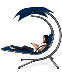 Best Choice Products Hanging Curved Chaise Lounge Chair Swing for Backyard, Patio w/ Pillow, Shade, Stand