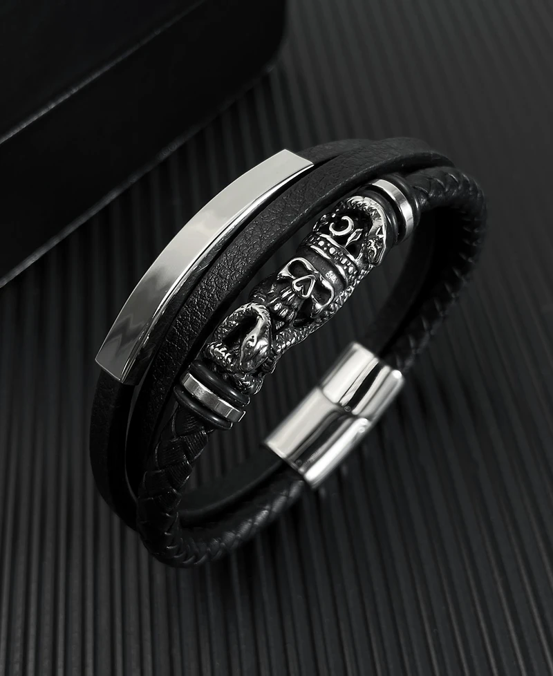 Rhona Sutton Black Skull Snake Leather Stainless Steel Bracelet