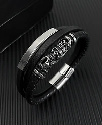 Rhona Sutton Black Skull Snake Leather Stainless Steel Bracelet