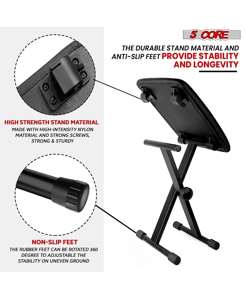 5 Core Keyboard Bench 2" Padded Cushioned Piano Stool Height Adjustable Guitar Seat Folding Portable