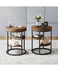 Tribesigns Round End Table with 3 Storage Shelves, Wood Side Table, Industrial Sofa Side Table, Rustic Brown Nightstand and Bedside Table