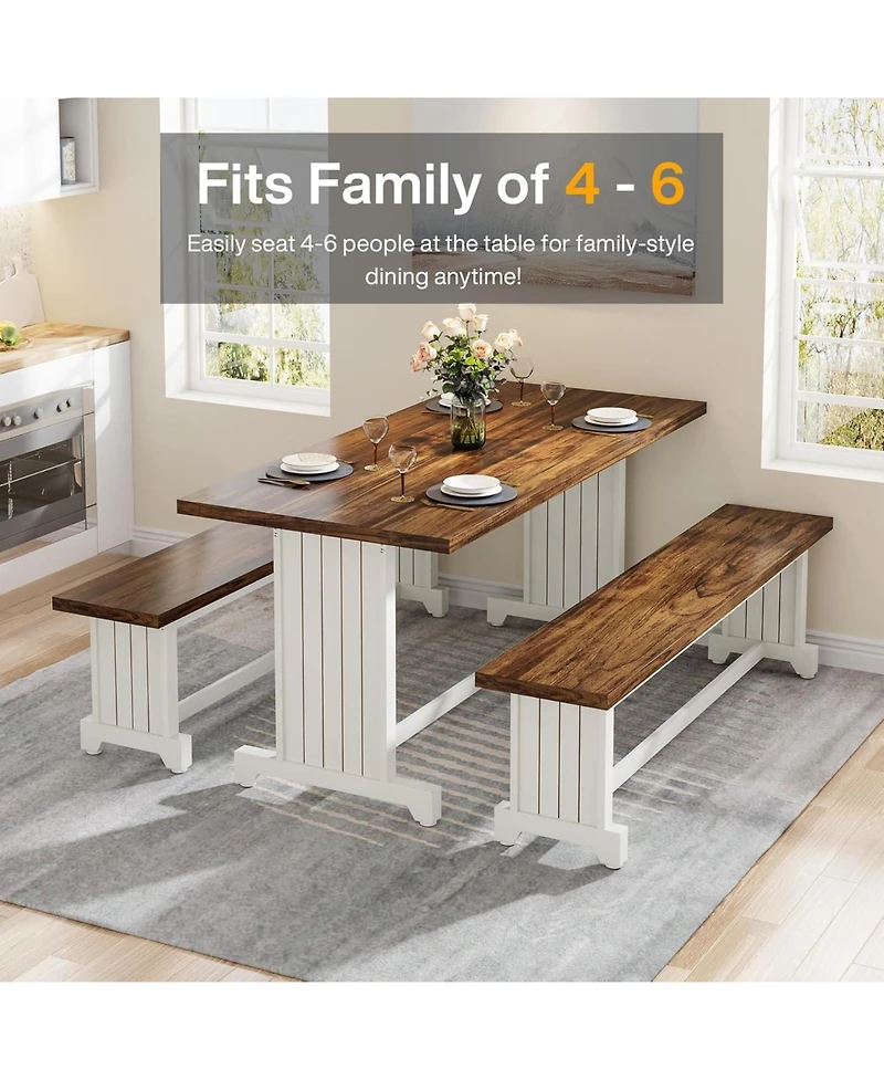 Tribesigns 47" Dining Table Set for 4-6, 3-Piece Kitchen Room Table with 2 Benches, Farmhouse Wood Dinner Table for Small Space, Home Kitchen