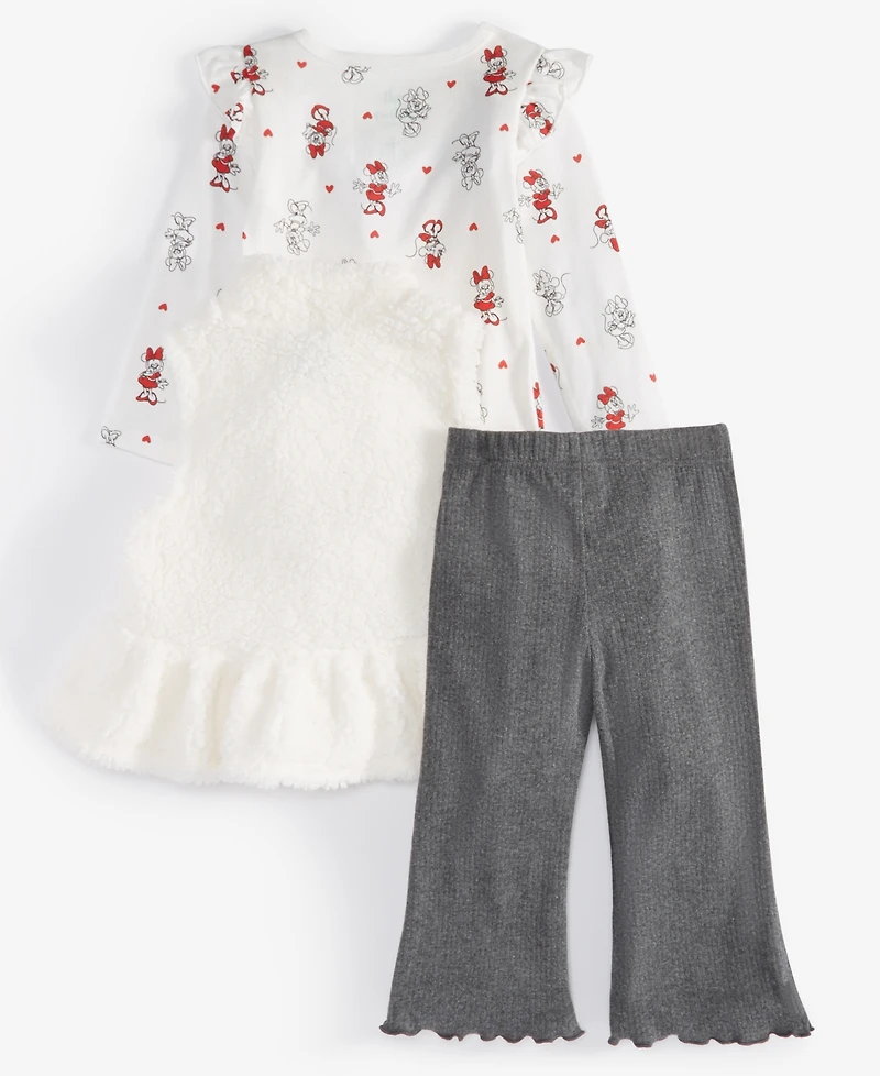 Disney Baby Girls Minnie Mouse Faux-Fur Vest, Printed Bodysuit & Flared Pants, 3 Piece Set