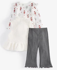 Disney Baby Girls Minnie Mouse Faux-Fur Vest, Printed Bodysuit & Flared Pants, 3 Piece Set