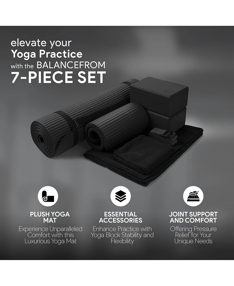 BalanceFrom Fitness 7 Piece Yoga Set with Mat, Stretch Strap & Knee Pad
