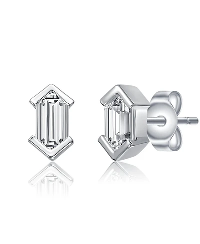 Sterling Silver Mini Cubic Zirconia Baguette Geometric Stud Earrings in White Gold Plated or 14k Gold Plated