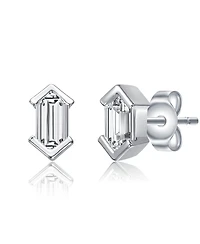 Sterling Silver Mini Cubic Zirconia Baguette Geometric Stud Earrings in White Gold Plated or 14k Gold Plated