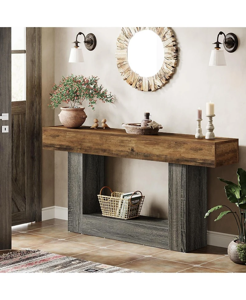 Tribesigns 63" Console Table, Farmhouse 2-Tier Entryway Table with U-Shaped Base, Narrow Long Wood Sofa Table Behind Couch Table for Living Room,
