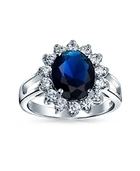 Bling Jewelry Classic Traditional 5CTW Royal Blue Cz Crown Halo Oval Cubic Zirconia Engagement For Women Promise Ring .925 Sterling Silver