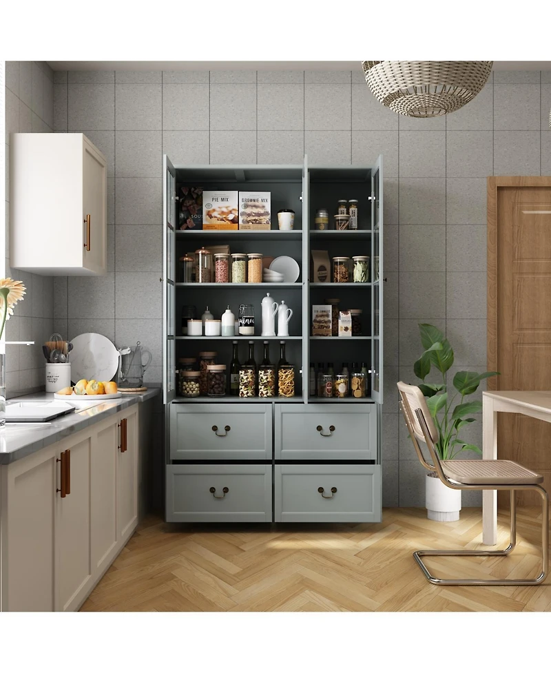 Famapy Grey Wood Bookcase With Tempered Glass Doors and 6-Drawers