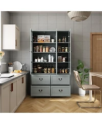 Famapy Grey Wood Bookcase With Tempered Glass Doors and 6-Drawers