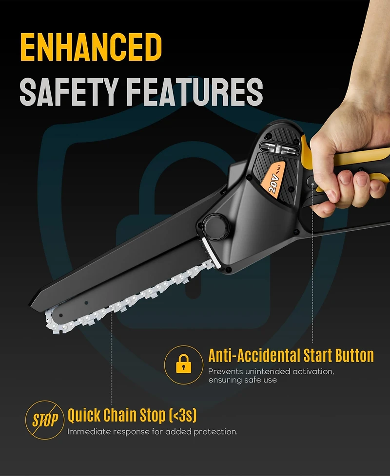 Sugift Cordless 8-Inch Mini Chainsaw with Brushless Motor, 20V Battery, Auto-Oiling, and Safety Lock