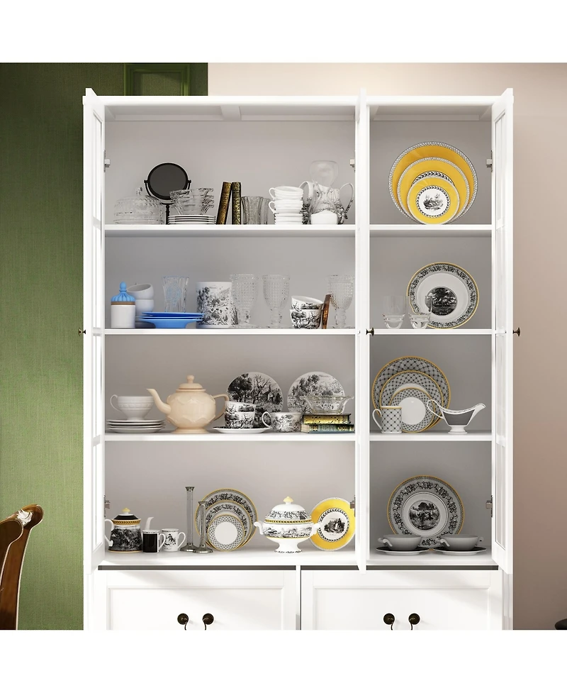 Famapy Grey Wood Bookcase With Tempered Glass Doors and 6-Drawers