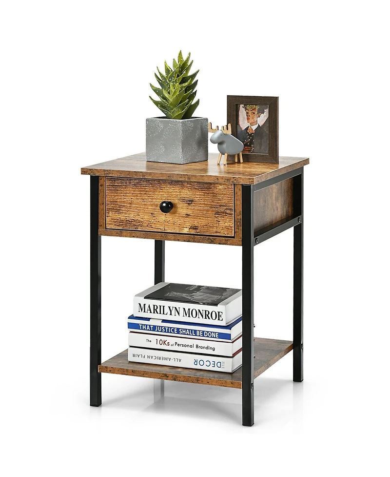 Gymax 2PCS Industrial End Side Table Nightstand with Drawer Shelf Rustic Brown