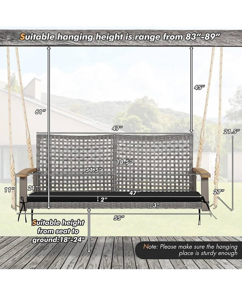2-Person Patio Wicker Hanging Swing Chair Loveseat Cushion Porch Red