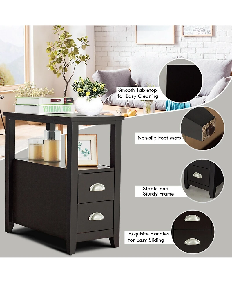 Gymax Set of 2 End Bedside Table Rectangular Nightstand W/ 2 Drawers & Shelf Espresso
