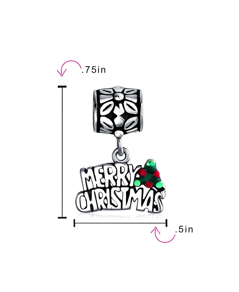 Bling Jewelry Holly Leaf Dangling Word "Merry Christmas" Charm Bead .925 Sterling Silver