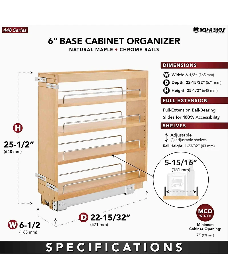 Rev-a-Shelf 6" Pullout Kitchen Cabinet Organizer Pantry Spice Rack, 448-bc-6C