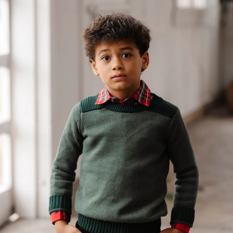 Hope & Henry Boys Organic Long Sleeve Shoulder Detail Crew Neck Pullover Sweater