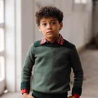 Hope & Henry Boys Organic Long Sleeve Shoulder Detail Crew Neck Pullover Sweater