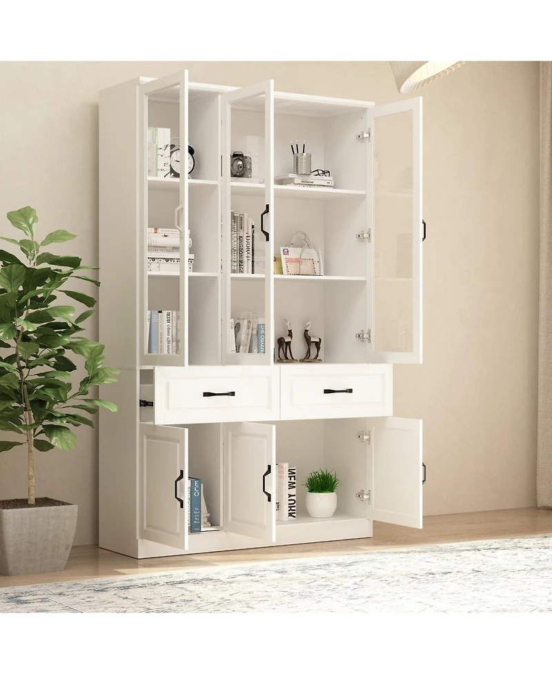 Famapy 8-Shelf White Wood Standard Bookcase with Shelves,Drawers