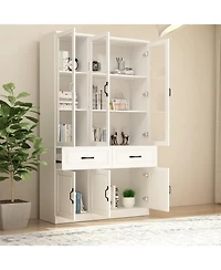 Famapy 8-Shelf White Wood Standard Bookcase with Shelves,Drawers