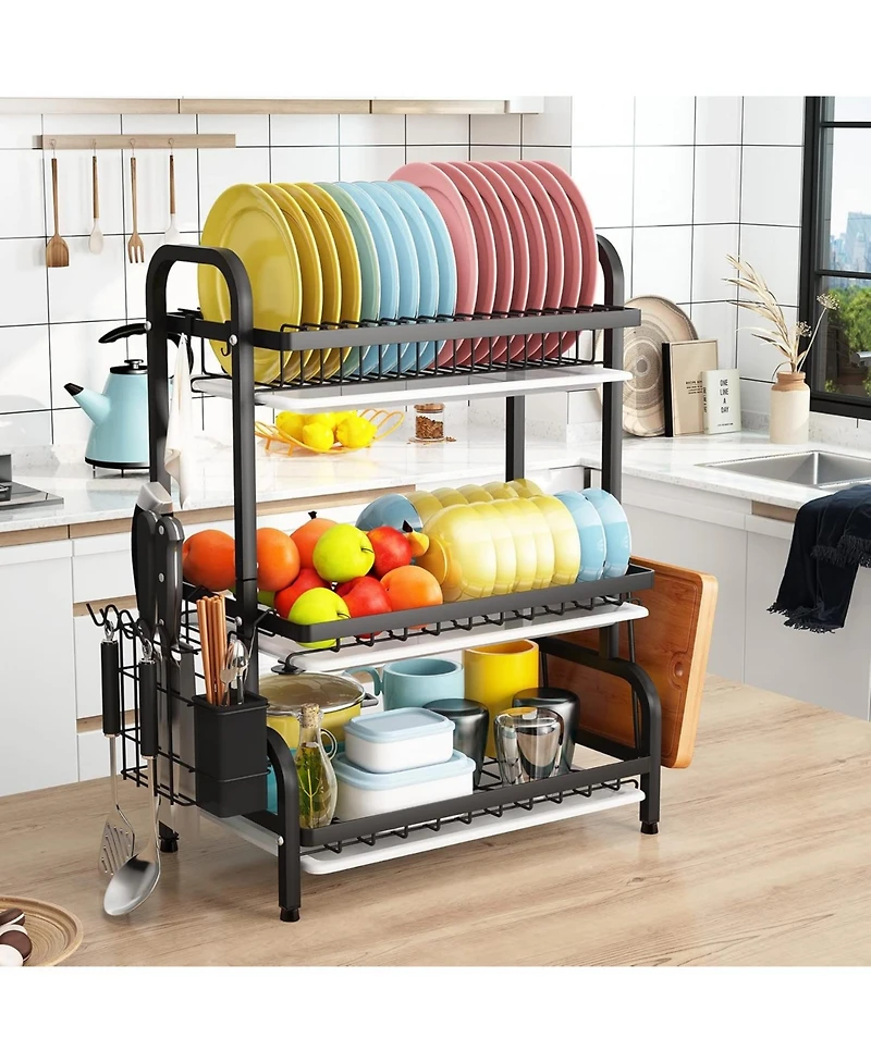 Tribesigns Drying Rack, Metal 3-Tier Large Capacity Dish Rack with Utensil Holder, Cutting Board Holder, Drain Board Tray for Kitchen Counter Storage