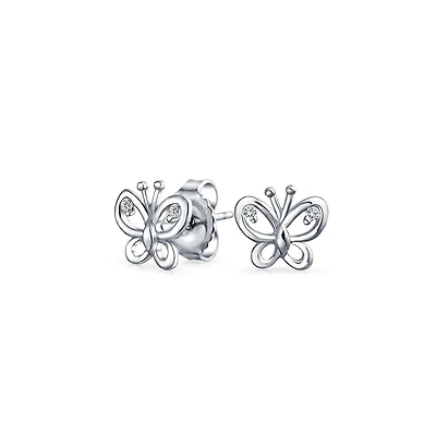Bling Jewelry Marquise Baguette Cz Cubic Zirconia 3D Garden Fluttering Butterfly Stud Earrings .925 Sterling Silver