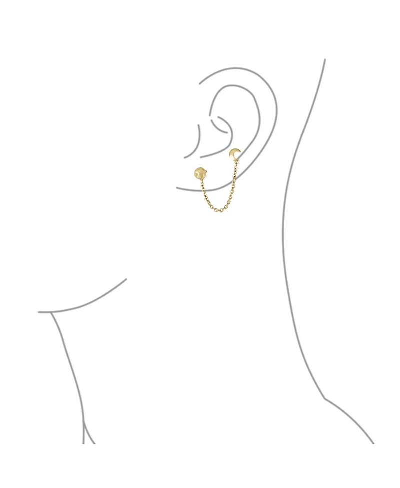 Bling Jewelry Tiny Simple Yellow 10K Gold Double Piercing Chain Celestial Crescent Moon & Star 1pc Stud Two Hole Earring Ear Lobe Cartilage