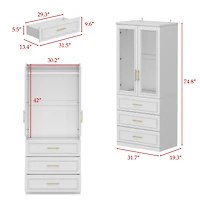 White 2-door 3-drawer wardrobe with tempered glass, bedroom Armoire, wooden Closet