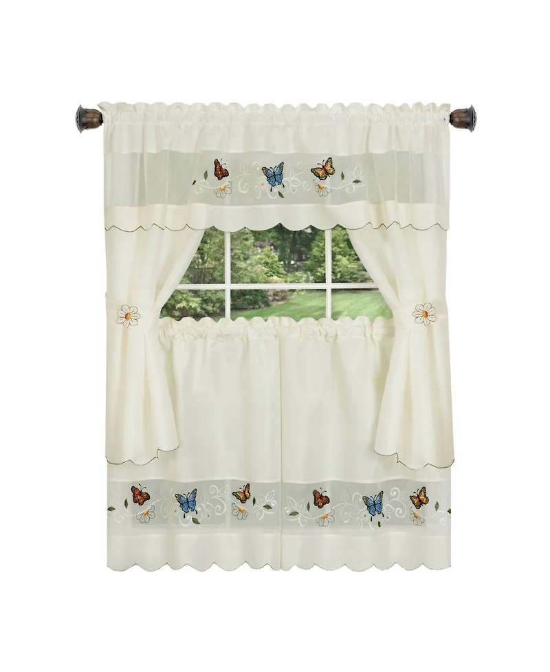 Kate Aurora Embroidered Butterflies & Sunflowers Complete 3 Piece Kitchen Curtain Tier & Valance Set