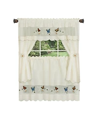 Kate Aurora Embroidered Butterflies & Sunflowers Complete 3 Piece Kitchen Curtain Tier & Valance Set