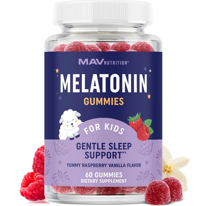 Mav Nutrition Melatonin Gummies for Kids, Premium Melatonin Gummies for Improve Sleep Quality with Chamomile & Lemon Balm, Raspberry Flavor, Mav Nutri