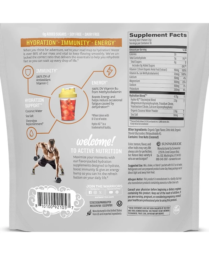 Sunwarrior Active Hydration Juicy Pineapple Powder, Sugar Free B12 Elderberry and Electrolytes Water Enhancer, Sunwarrior, 18 stick packs 126g pouch