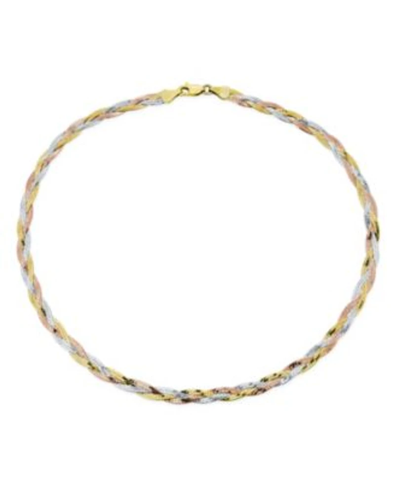 Bling Jewelry Flat Yellow Rose Gold Overlay Sterling Silver 5MM Twist 3 Tri Tone Herringbone Braided Magic Snake Chain Necklace
