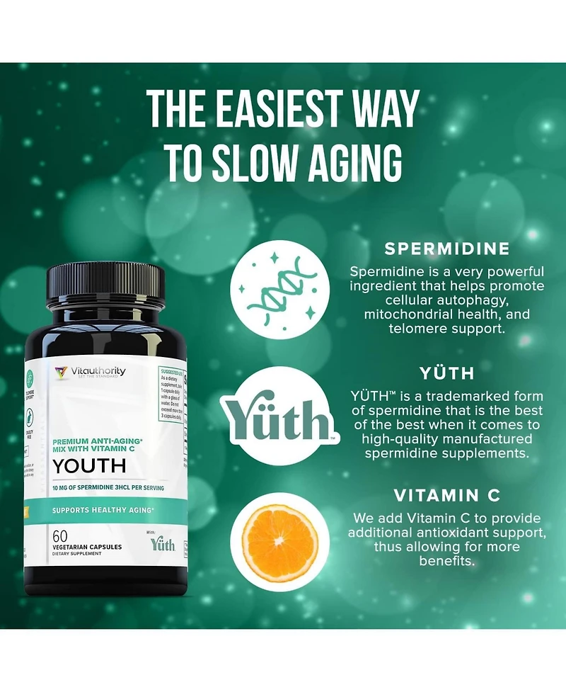 Youth Premium Anti-Aging Mix Capsules, Anti Aging Supplement for Women and Men s Longevity, Brain, Heart, Cell & Skin Support, Vitauthority, 60ct