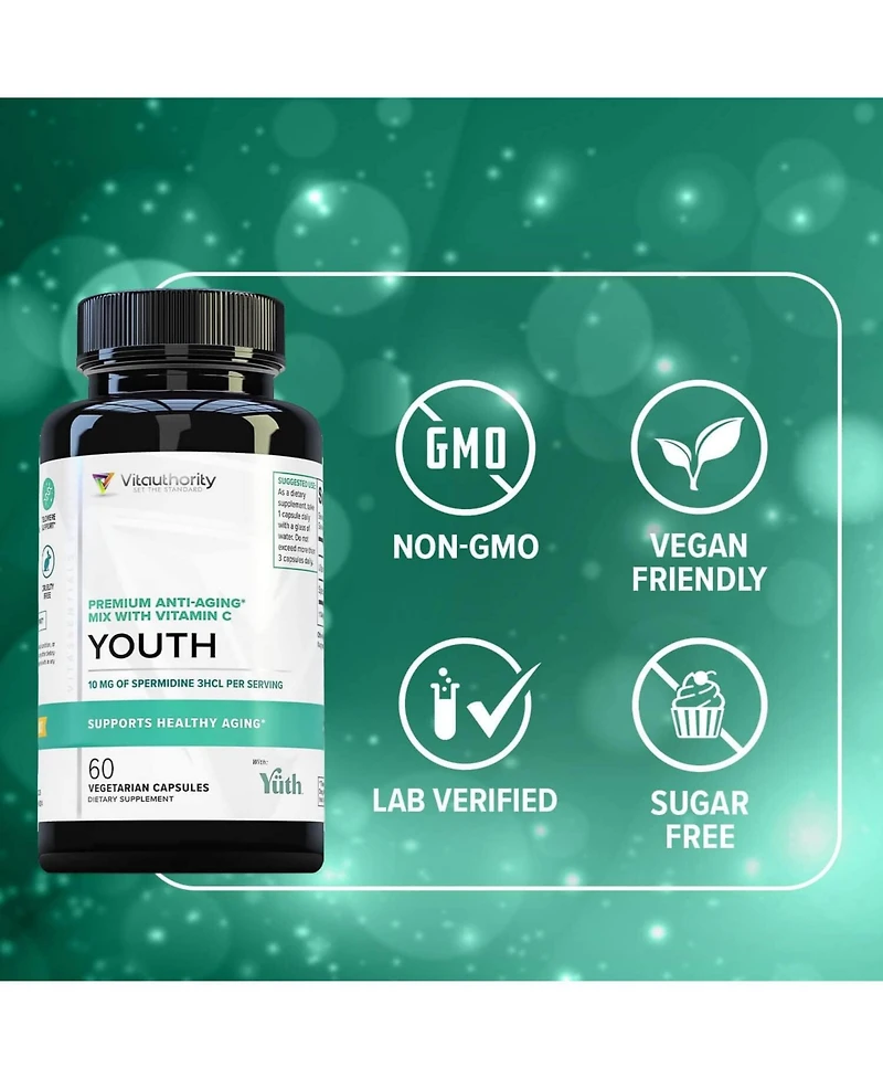 Youth Premium Anti-Aging Mix Capsules, Anti Aging Supplement for Women and Men s Longevity, Brain, Heart, Cell & Skin Support, Vitauthority, 60ct