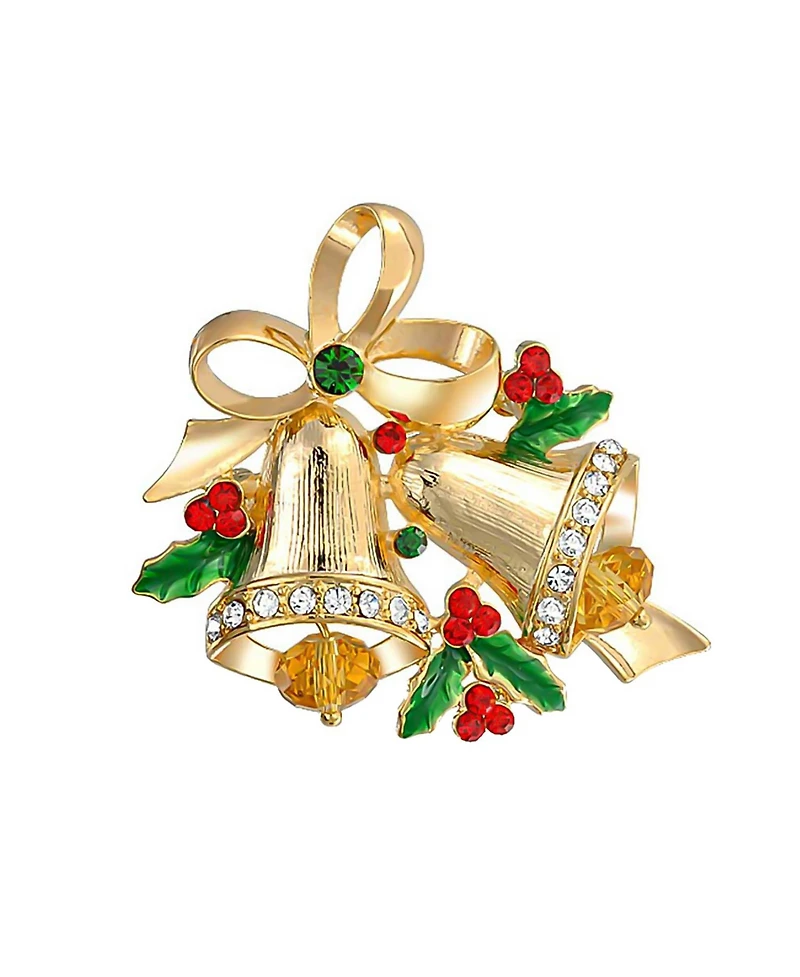 Bling Jewelry Set of 2 Large Colorful Crystal Christmas Tree and Bells Brooch Pin Gold Plated
