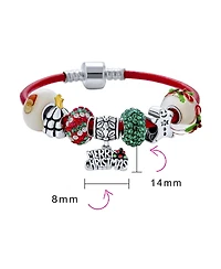 Bling Jewelry Merry Christmas Theme Holiday Santa Clause Gingerbread Man Beads Multi Charm Bracelet Red Leather For Women .925 Sterling Silver Europea