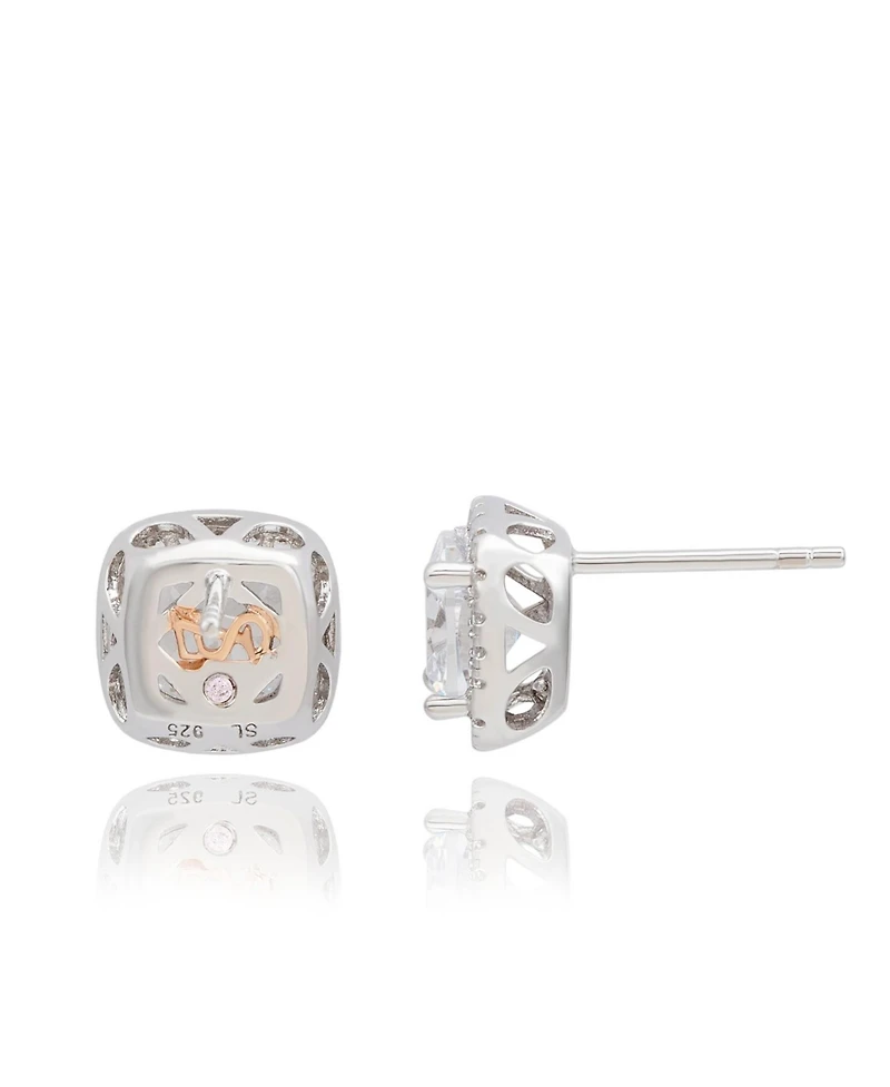 Suzy Levian Sterling Silver Cushion Cut White Cubic Zirconia Halo Studs