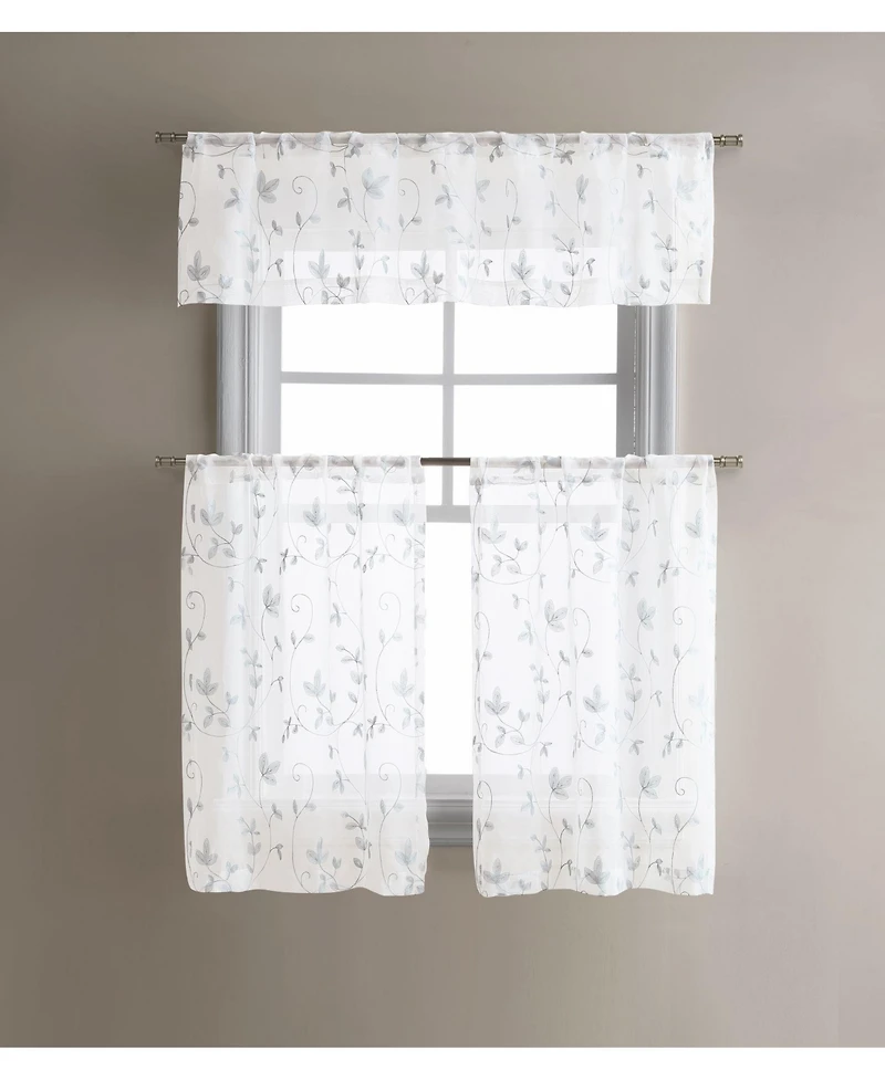 Kate Aurora Floral Embroidered Sheer Rod Pocket Kitchen Curtain Tier & Valance Set - 58 in. W x 15 L, Aqua