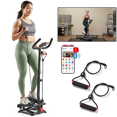 Sunny Health & Fitness Smart Stair Exercise Stepper Machine for Home with Handlebar & Resistance Bands, Free SunnyFit App Via Bluetooth