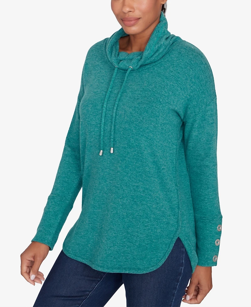 Ruby Rd. Petite Cowl Neck Solid Hatchi Knit Top with Drawstring
