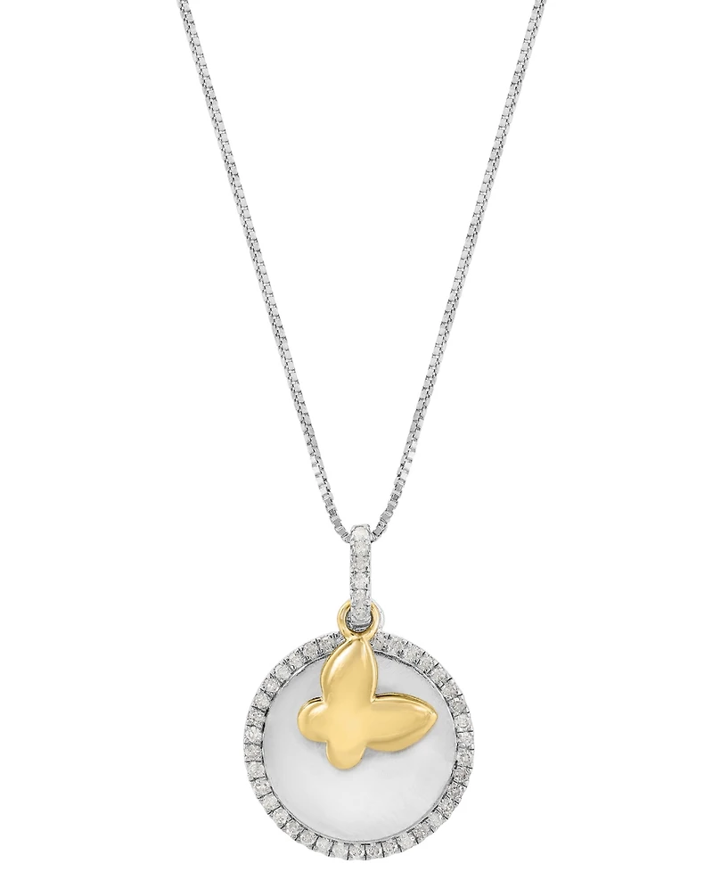Effy Diamond Disc & Butterfly Two Charm 18" Pendant Necklace (1/4 ct. t.w.) in Sterling Silver & Gold-Plate