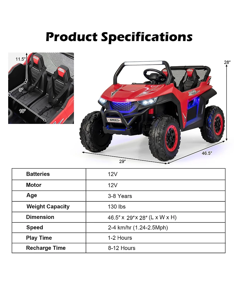 12V 2-Seater Kids Ride On Utv Rc Electric Vehicle Suspension w/ Lights & Music